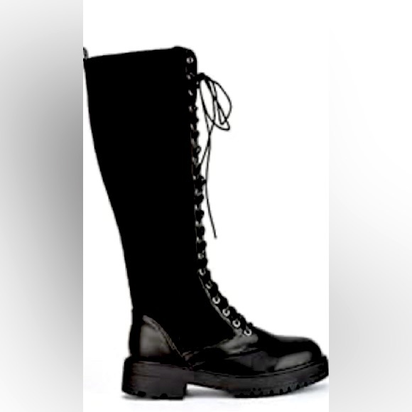 Womens Knee High Boots Ladies Flat Lace Up Stretch Sock Combat Biker Long Boots - Picture 1 of 1